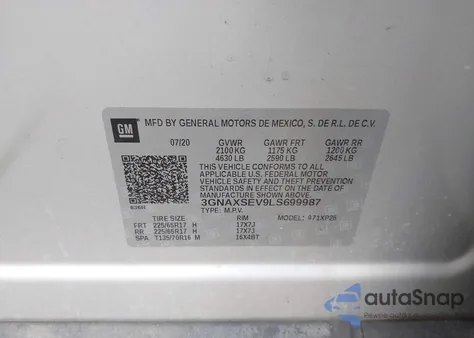 2020 Chevrolet Equinox Awd Ls из США, поврежденный, VIN 3GNAXSEV9LS699987